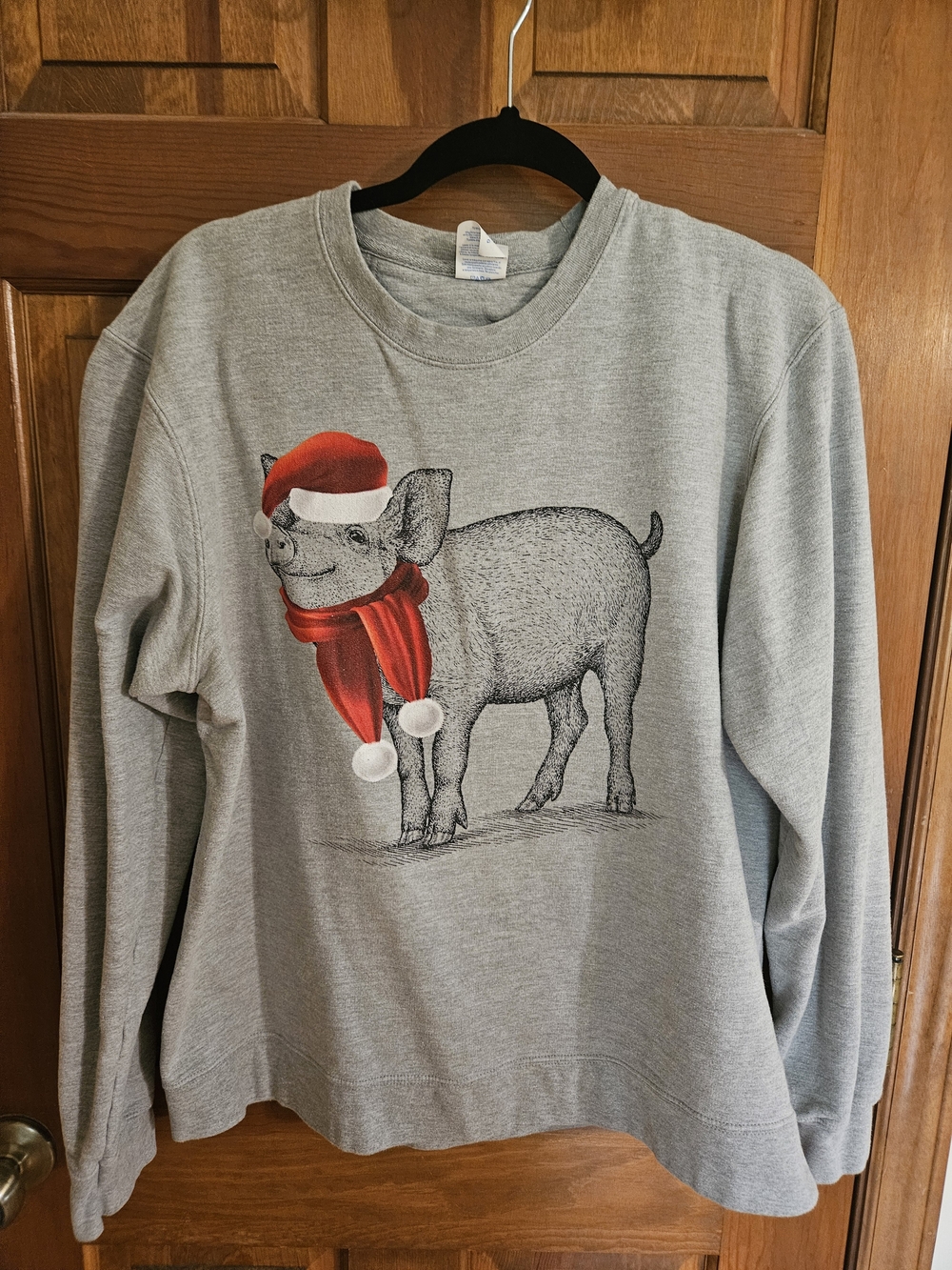 HOLIDAY Grey Sweatshirt with Festive Pig Graphic - Red Accent L